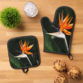 パラダイスオレンジトロピカルフラワーの鳥 鍋つかみ&鍋敷きセット (トップダウン)
