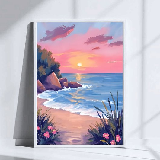 パラダイスコーブ | ピンクの水彩画の海の波と夕日 ポスター