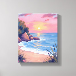 パラダイスコーブ|ピンクの水彩画の海の波の夕焼け キャンバスプリント