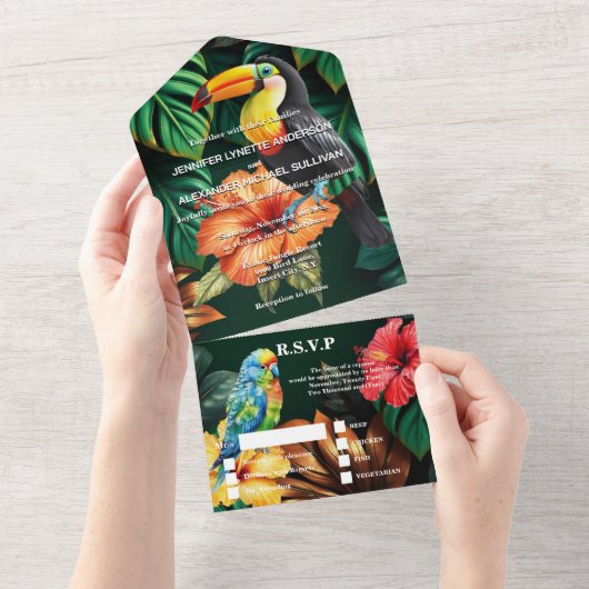 パラダイスジャングルモンステラの葉結婚の鳥 オールインワン招待状 (貼ってはがせる)