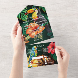 パラダイスジャングルモンステラの葉結婚の鳥 オールインワン招待状