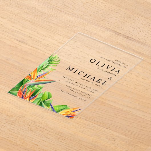 パラダイストロピカルズの水色結婚の鳥 アクリル招待状 (レイダウン)