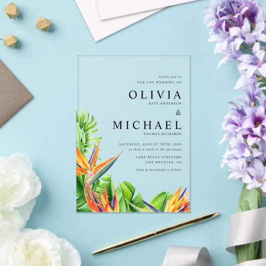 パラダイストロピカルズの水色結婚の鳥 アクリル招待状 (インサイチュ (ウェディング))