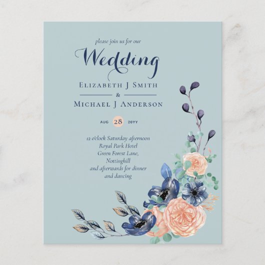 パラダイスネイビーコーラルセージフローラ結婚式招待状 (正面)