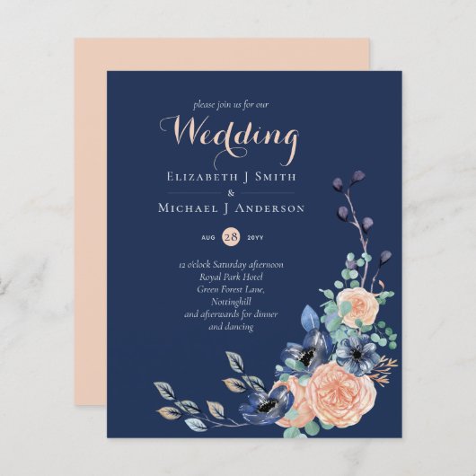 パラダイスネイビーサンゴフローラ結婚式招待状 (正面/裏面)