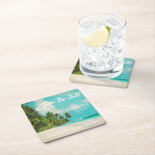 パラダイスビーチの目的地結婚式セーブザデート スクエアペーパーコースター (インサイチュ)