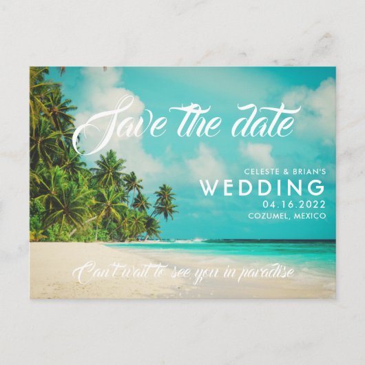 パラダイスビーチ宛先ウェディング日付を保存 案内ポストカード (正面)