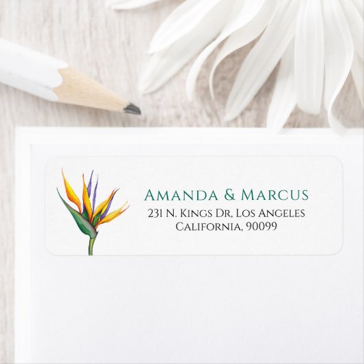 パラダイスフラワーの熱帯オアシス結婚の鳥 ラベル (インサイチュ)