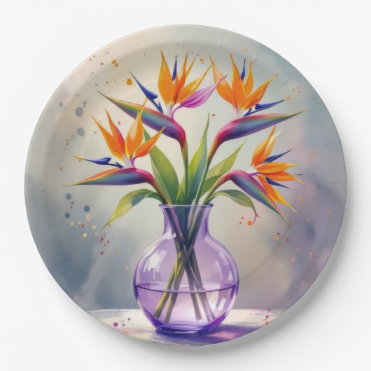 パラダイスフラワーブーケの水彩色 ペーパープレート (正面)