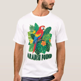 パラダイス・ファウンド・スカーレット・マカオ・トロピカルアート Tシャツ