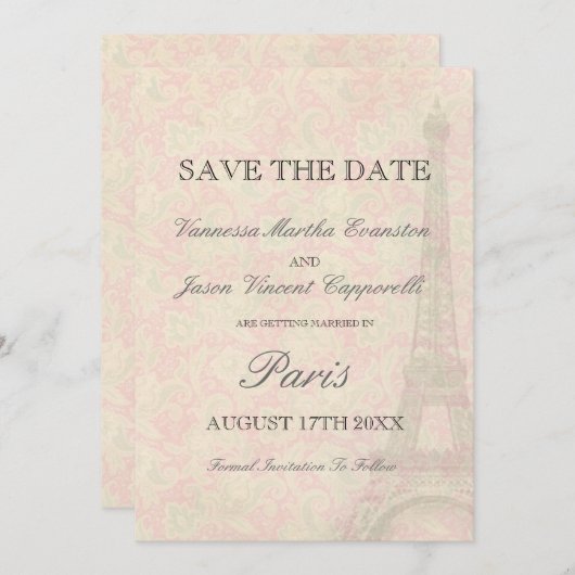 パリでのヴィンテージスタイルのウェディング・セーブ・ザ・デート セーブザデート (正面/裏面)
