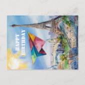 パリで飛ぶ紙飛行機,カラフル,水彩 ポストカード (正面)