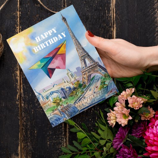 パリで飛ぶ紙飛行機,カラフル,水彩 ポストカード