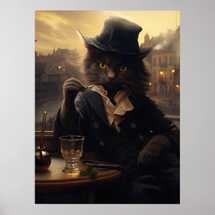 パリで飲み物を飲むスーツを着た愛らしい猫 ポスター