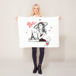 パリとコーヒー、赤 フリースブランケット