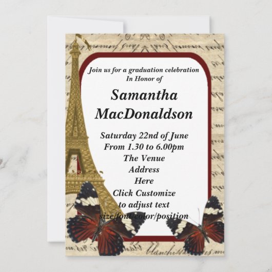 パリと蝶の写真卒業 招待状 (裏面)