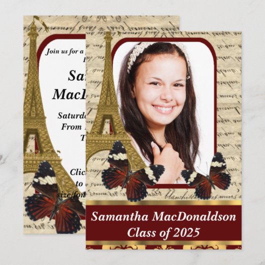 パリと蝶の写真卒業 招待状 (正面/裏面)