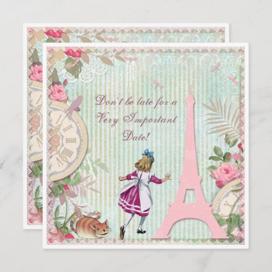 パリのぼろぼろのシックな誕生日のアリス 招待状 (正面/裏面)