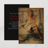 パリのエッフェル塔 ガーリーなパリジャンの誕生日パーティー 招待状 (正面/裏面)