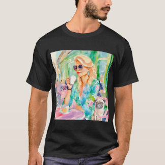 パリのカフェでパグと一緒の女の子、水彩画 Tシャツ
