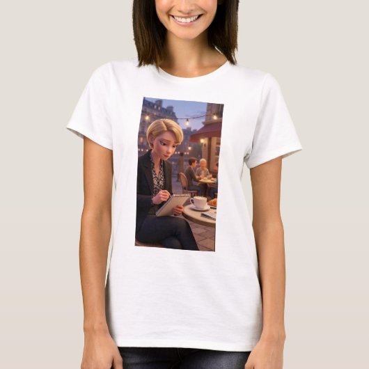 パリのカフェで執筆する女性のTシャツ Tシャツ (正面)