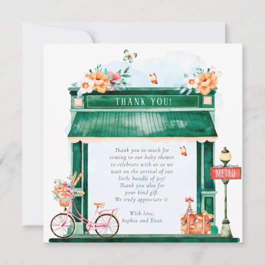 パリのカフェ・ボーランジェリー・ウォーターカラー・ベイビーシャワーTha サンキューカード (正面)