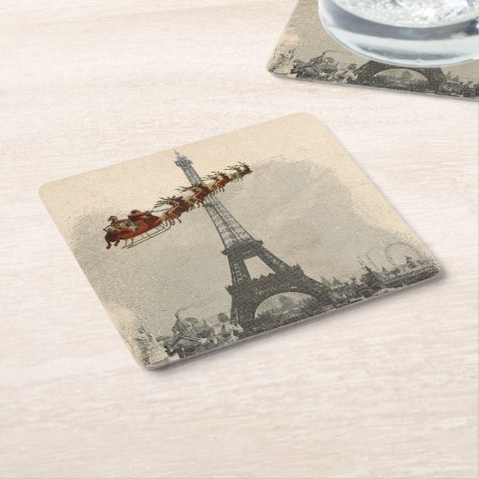 パリのクリスマスのコースター上のヴィンテージサンタ スクエアペーパーコースター (アングル)