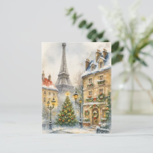 パリのクリスマス 水彩エッフェル塔の風景 ポストカード (スタンド正面)