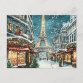 パリのクリスマス:雪のエッフェルタワーナイト シーズンポストカード (正面)