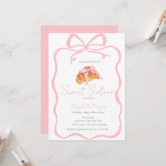 パリのクロワッサン ピンクの弓 スイート 16 招待状 (正面/裏面インサイチュ)