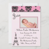 パリのシックで黒く、ピンクの誕生の発表 案内状 (正面)