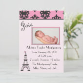 パリのシックで黒く、ピンクの誕生の発表 案内状 (スタンド正面)