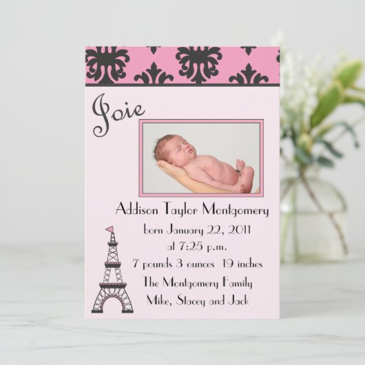 パリのシックで黒く、ピンクの誕生の発表 案内状 (スタンド正面)