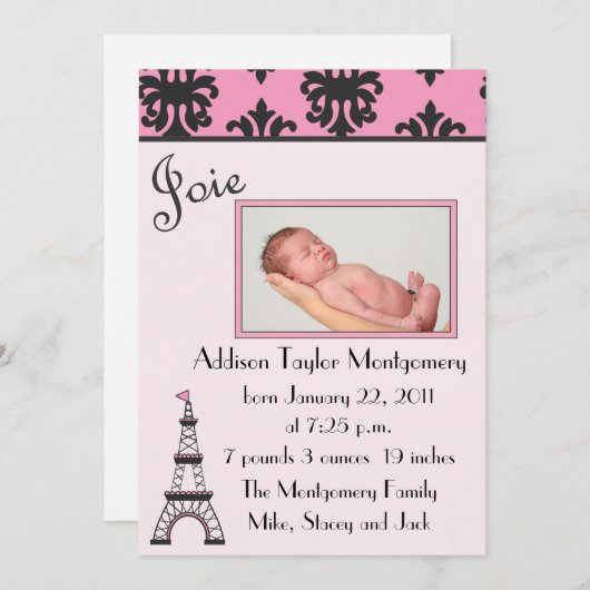 パリのシックで黒く、ピンクの誕生の発表 案内状 (正面/裏面)