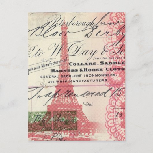 パリのシックフランスのスクリプトレースピンクエッフェルタワー ポストカード (正面)