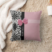 パリのダマスクピンクと黒のシックな弓の名前 クッション (ブランケット)