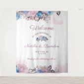 パリのチャーム ブルー＆ピンク フラワー ウェディング ウェルカム タペストリー (正面)