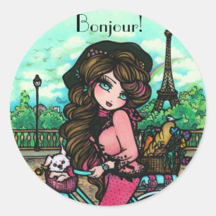 パリのハナリン著フランスのな女の子のBonjourのステッカー ラウンドシール