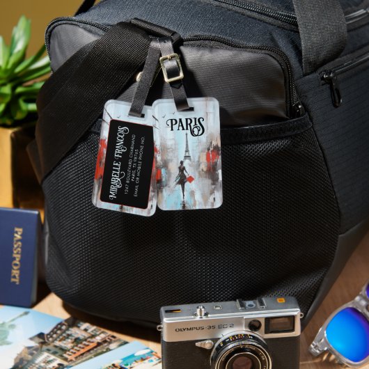 パリのバウンドウーマンインブラック ラゲッジタグ (正面&裏面)