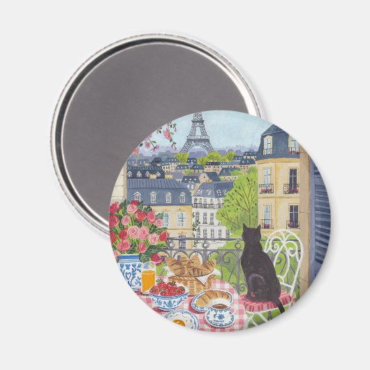 パリのバルコニーで猫の朝食 エッフェル塔 冷蔵庫マグネット マグネット (正面/裏面)