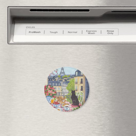 パリのバルコニーで猫の朝食 エッフェル塔 冷蔵庫マグネット マグネット (インサイチュ (食洗機))