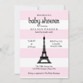 パリのピンクのストライプのエッフェル塔のベビーシャワー 招待状 (正面)