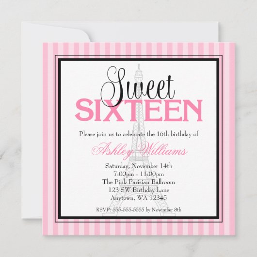 パリのピンクのストライプの菓子16匹の誕生日の招待状 招待状 (正面)