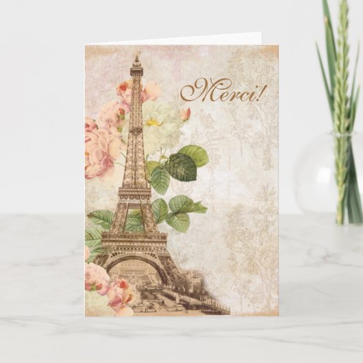 パリのピンクのバラのビンテージ ロマンチック サンクス カード (正面)