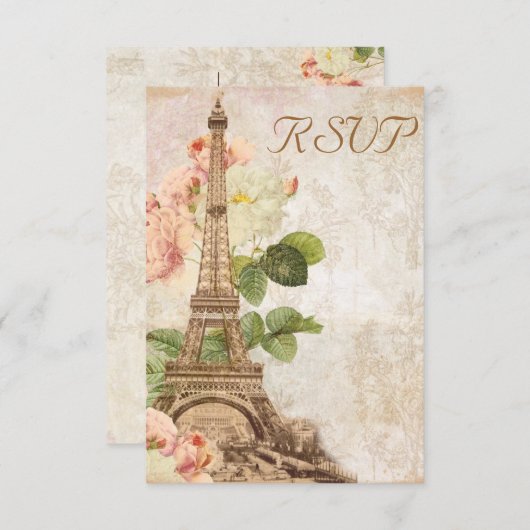 パリのピンクのバラのヴィンテージロマンチックなRSVPのカード 出欠カード (正面/裏面)