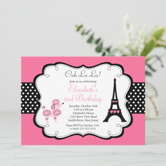 パリのピンクのプードルのバースデーパーティ招待状 招待状 (スタンド正面)