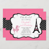 パリのピンクのプードルのバースデーパーティ招待状 招待状 (正面/裏面)