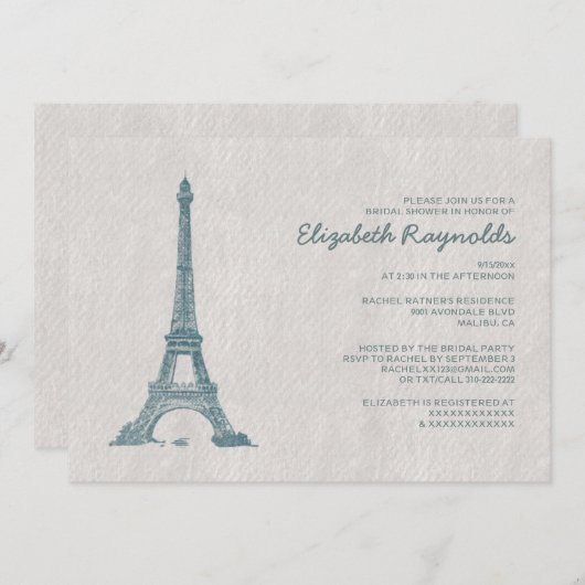 パリのフォーマルなブライダルシャワー招待状 招待状 (正面/裏面)