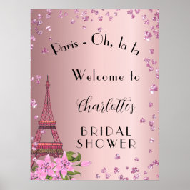 パリのブライダルシャワー　ウェルカムサイン　エッフェル塔　フラワーピンク ポスター