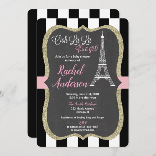 パリのベビーシャワーの招待の女の子の黒板のピンク 招待状 (正面/裏面)